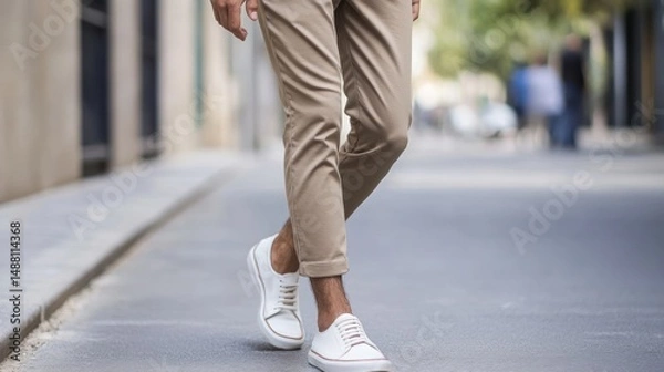 Obraz Stylish Man Walking in Beige Pants and White Sneakers on a City Street