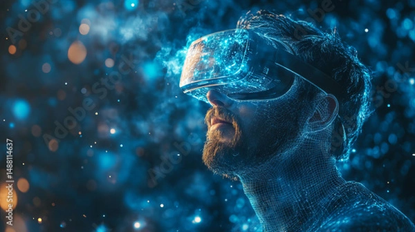 Obraz Virtual reality headset man exploring digital metaverse with futuristic blue light and smoke