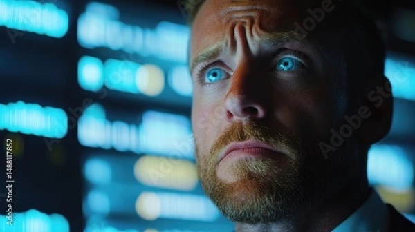 Obraz A Man's Intense Gaze at a Data Screen