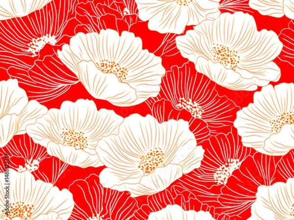 Obraz 赤い背景に白とオレンジのラインアートポピーが咲き乱れるシームレスパターン