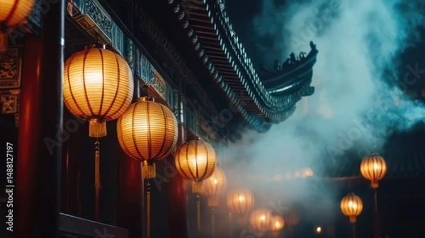 Obraz Mysterious Night at Chinese Temple with Illuminated Lanterns