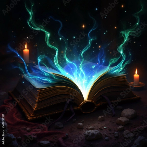 Obraz Magical glowing book with candles and light