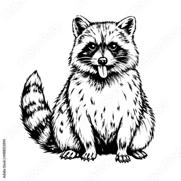 Obraz Sitting raccoon with tongue out in playful vintage engraving style