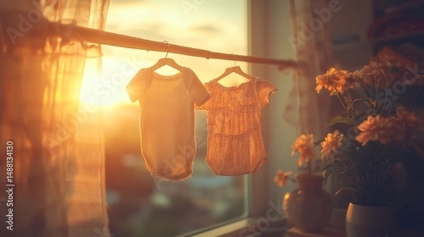 Fototapeta organic cotton baby clothes drying on bamboo rack, warm sunset light, handmade natural fabric with plant-based dyes, side close-up shot, soft parenting lifestyle mood