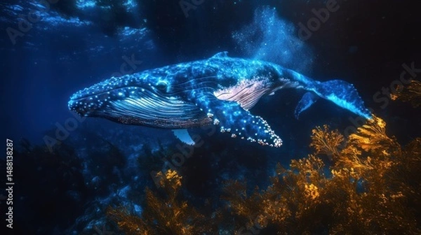 Fototapeta Humpback whale underwater amidst golden kelp forest illuminated in blue tones