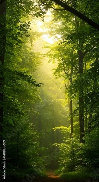 Obraz Sunlight Breaking Through Green Forest Canopy a Natural Scene