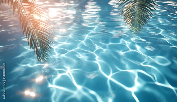 Fototapeta Serene turquoise water shimmers under sunlight, with palm fronds gently swaying above.