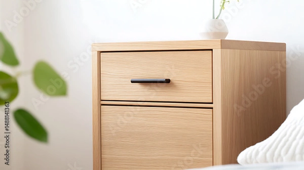 Fototapeta Nightstand featuring two drawers and a dark handle. Modern furniture piece.