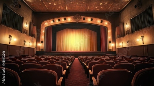 Fototapeta Vintage theater auditorium illuminated stage awaiting performance readiness