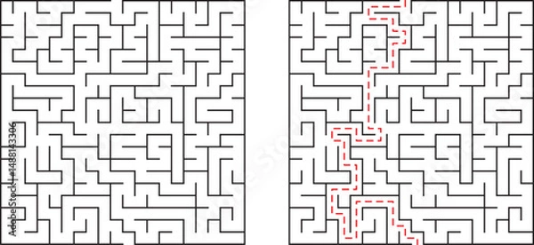 Fototapeta Complex maze solution with the path clearly marked in bold red against white background