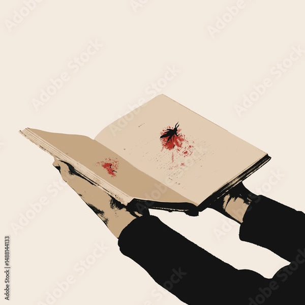 Obraz Dramatic Illustration of a Squashed Insect Between the Pages of an Open Book, Blood Staining the Paper ,A Symbolic and Disturbing Visual Narrative