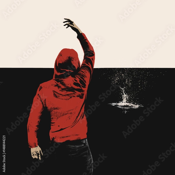 Obraz Minimalistic Illustration of a Man in a Red Hoodie Throwing a Stone into Dark Water, Creating Symbolic Ripples of Reflection and Solitude