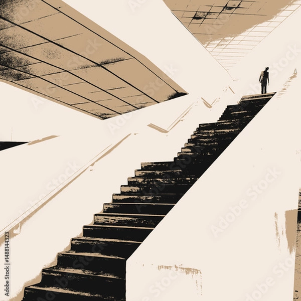 Obraz Man Ascending Stairs in an Urban Environment – A Minimalist Illustration of Progress and Determinatio