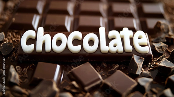 Fototapeta A chocolate bar with the word chocolate written on it in white letters