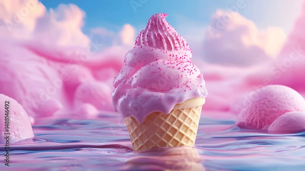 Fototapeta A pink ice cream cone melted popsicle in the liquid metallic