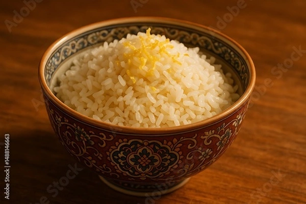 Fototapeta Simple Oriental Rice Bowl Recipe Fluffy Rice with Lemon Zest