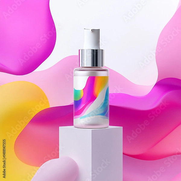 Obraz Colorful Serum Bottle on Abstract Background – Product Mockup

