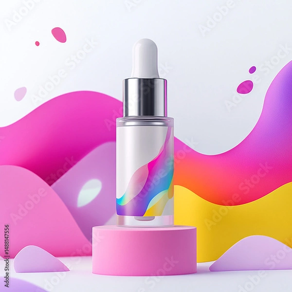Obraz Colorful Serum Bottle on Abstract Background – Product Mockup


