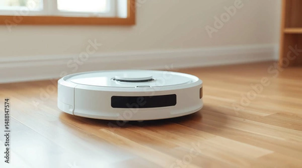 Fototapeta Robot vacuum cleaner cleaning a wooden floor in a modern home