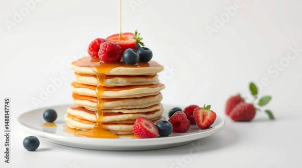 Fototapeta Stack of pancakes with liquid honey and berries on the table
