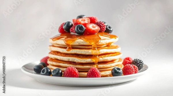 Fototapeta Delicious Stack of pancakes with berries and maple syrup on the table