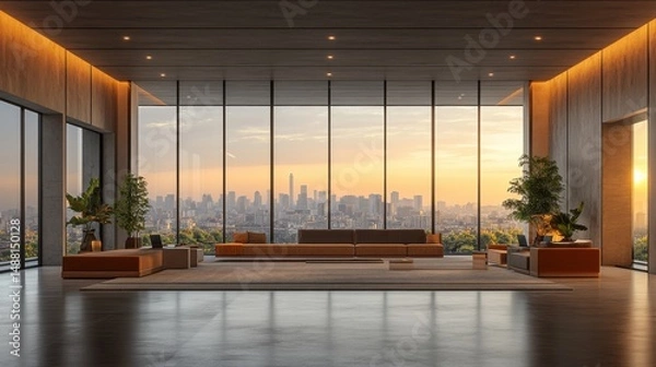 Obraz Modern Elegant Interior with City Skyline at Sunset View