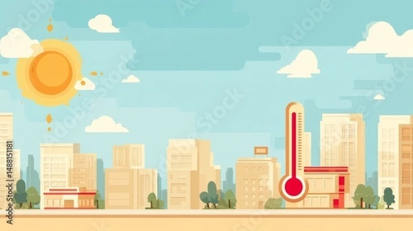 Fototapeta Flat design illustration of hot summer day in the city with strong sunlight and thermometer indicating high temperature, representing heatwave, climate change, urban heat, extreme weather conditions