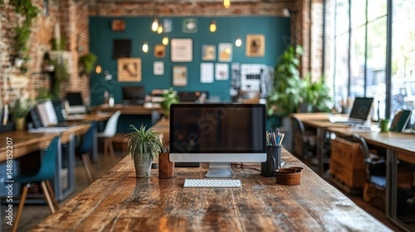 Obraz Cozy Workspace in a Modern Cafe with Creative Decor and Plants