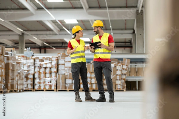 Fototapeta Male and female workers in protective helmets reviewing information on a digital tablet in a large warehouse.