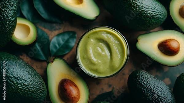 Obraz A glass of avocado juice surrounded by avocados, top view