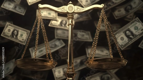 Obraz Golden Scales of Justice Amidst a Shower of Money: A Conceptual Image Representing the Interplay Between Law, Finance, and Ethics.