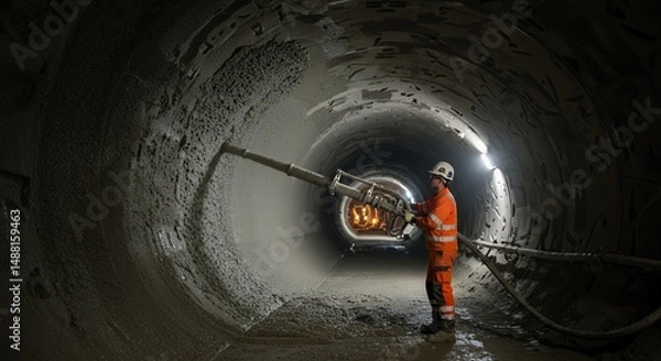 Obraz Tunnel Construction: Worker Applying Concrete Lining