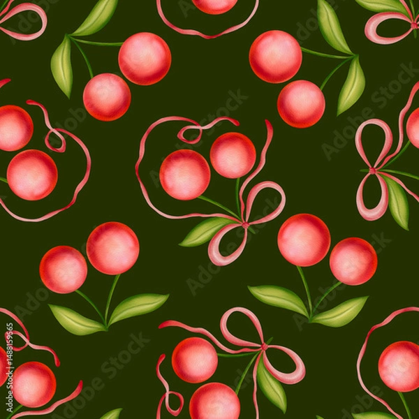 Fototapeta Seamless pattern with cherries and bow on green background. Charming watercolor surface design with cherries tied with pink ribbon for gift wrapping, summer designs, accessories, fabric, greeting card