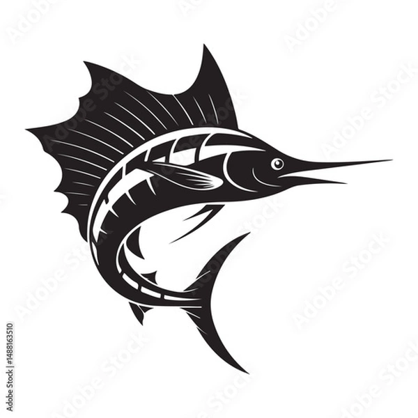 Fototapeta Striking black illustration of a stylized sailfish aquatic creature, Vector black silhouette. with white background