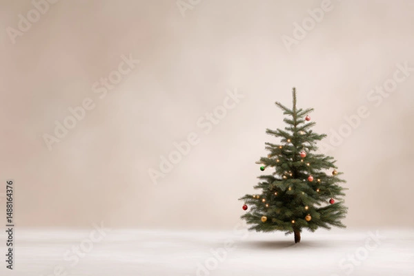 Fototapeta solitary christmas tree stands alone against plain background adorned with twinkling lights and colorful ornaments