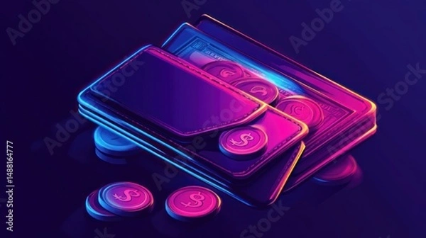 Obraz Neon Wallet with Cash and Coins: A vibrant digital illustration of a wallet overflowing with money, bathed in neon pink and blue light.