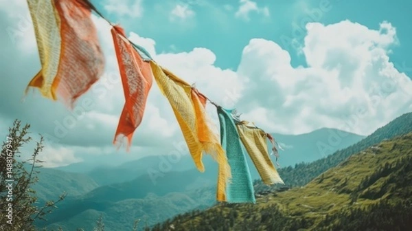 Obraz Serene Mountain Vista with Colorful Prayer Flags