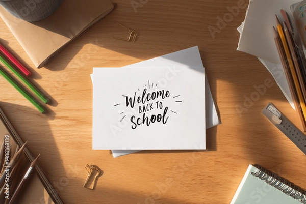 Obraz Welcome Back to School Mock Up Card with School Supplies on Desk