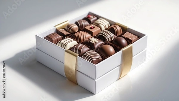 Fototapeta Top view of a white box filled with chocolates and adorned with golden tape, featuring empty space for text.