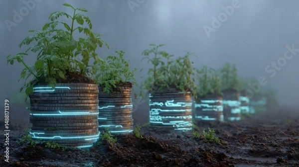 Obraz A futuristic ecosystem built on a small green planet, coin piles supporting clusters of saplings, microchip roots embedding into soil, and glowing lines tracing resource flow for sustainable