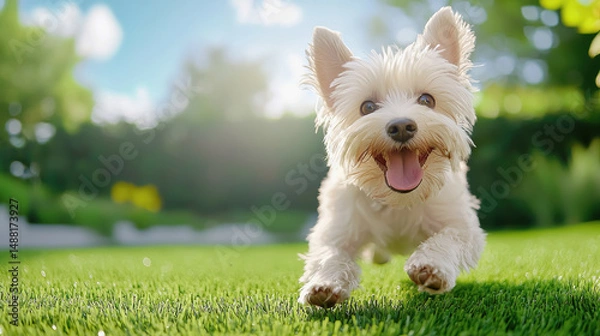 Fototapeta Playful dog joyfully running across lush artificial grass in a bright and cheerful outdoor environment capturing blissful moments