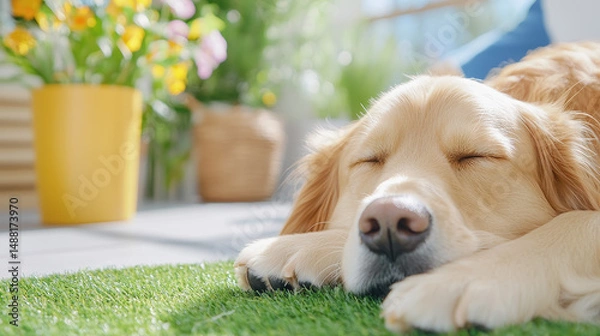 Fototapeta Serene dog laying peacefully on artificial turf surrounded by lush green grass in a calm and relaxing environment