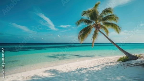 Fototapeta Panoramic banner image of a tropical beach featuring a palm tree