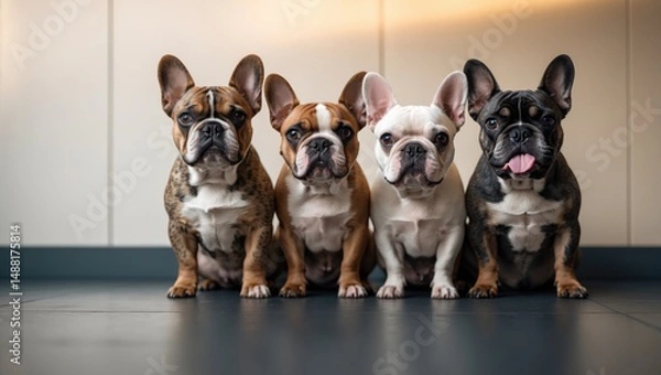 Fototapeta French bulldogs eager for the command to eat