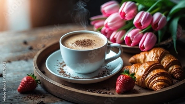 Fototapeta Wonderful Mother's Day, appetizing breakfast, lunch with fresh croissants, strawberries on a dish, bouquet of tulips as a present. Festive idea. Family relationships.