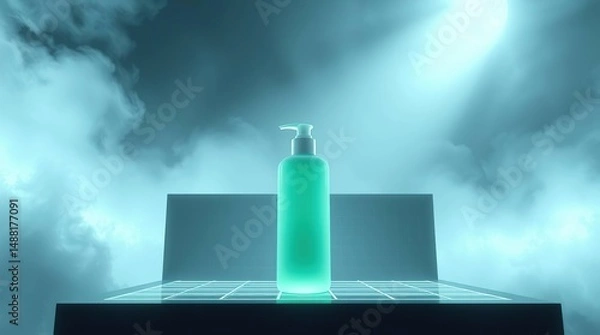 Fototapeta Futuristic Lotion Bottle in a Thick Foggy Scene Epic Lens Glow Lighting