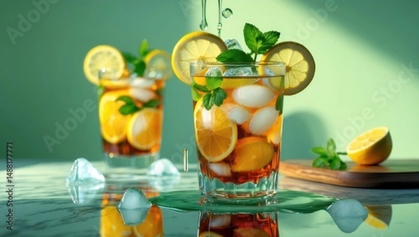 Fototapeta Chilled iced tea with lemon wedges, condensation on glass, colorful shadows and melting ice