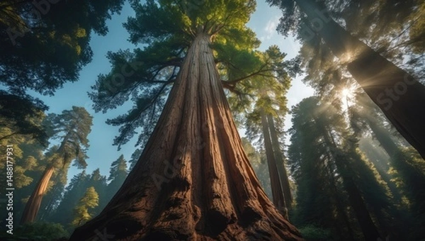 Fototapeta Giant redwood with detailed bark and expansive canopy, inspiring awe and highlighting the power and serenity of nature's ecosystem in the wild woods.