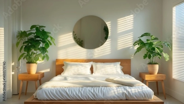 Fototapeta A white wall basking in sunlight with a circular mirror in a bedroom setting adorned with natural wooden furniture and attractive green plants