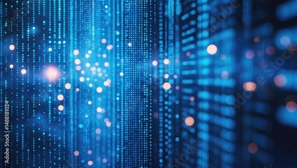 Obraz Digital background with blue dot matrix. Matrix of computer languages. Theme of cyber warfare and digital data transfer. Concepts of AI and data analysis.